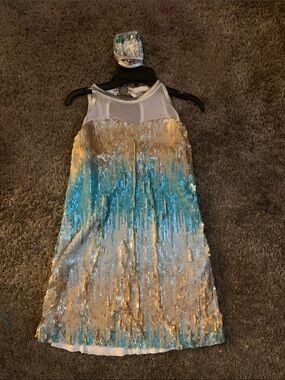 Girls Gold and Teal Sequin Dance Dress with Headband